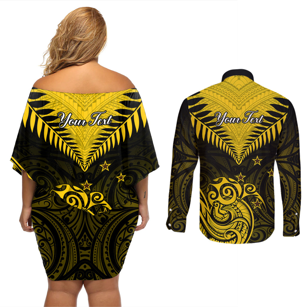 Personalised Aotearoa Couples Matching Off Shoulder Short Dress and Long Sleeve Button Shirts Maori Kiwi Yellow Fern - Wonder Print Shop