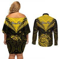 Personalised Aotearoa Couples Matching Off Shoulder Short Dress and Long Sleeve Button Shirts Maori Kiwi Yellow Fern - Wonder Print Shop