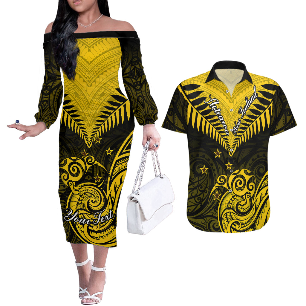 Personalised Aotearoa Couples Matching Off The Shoulder Long Sleeve Dress and Hawaiian Shirt Maori Kiwi Yellow Fern - Wonder Print Shop