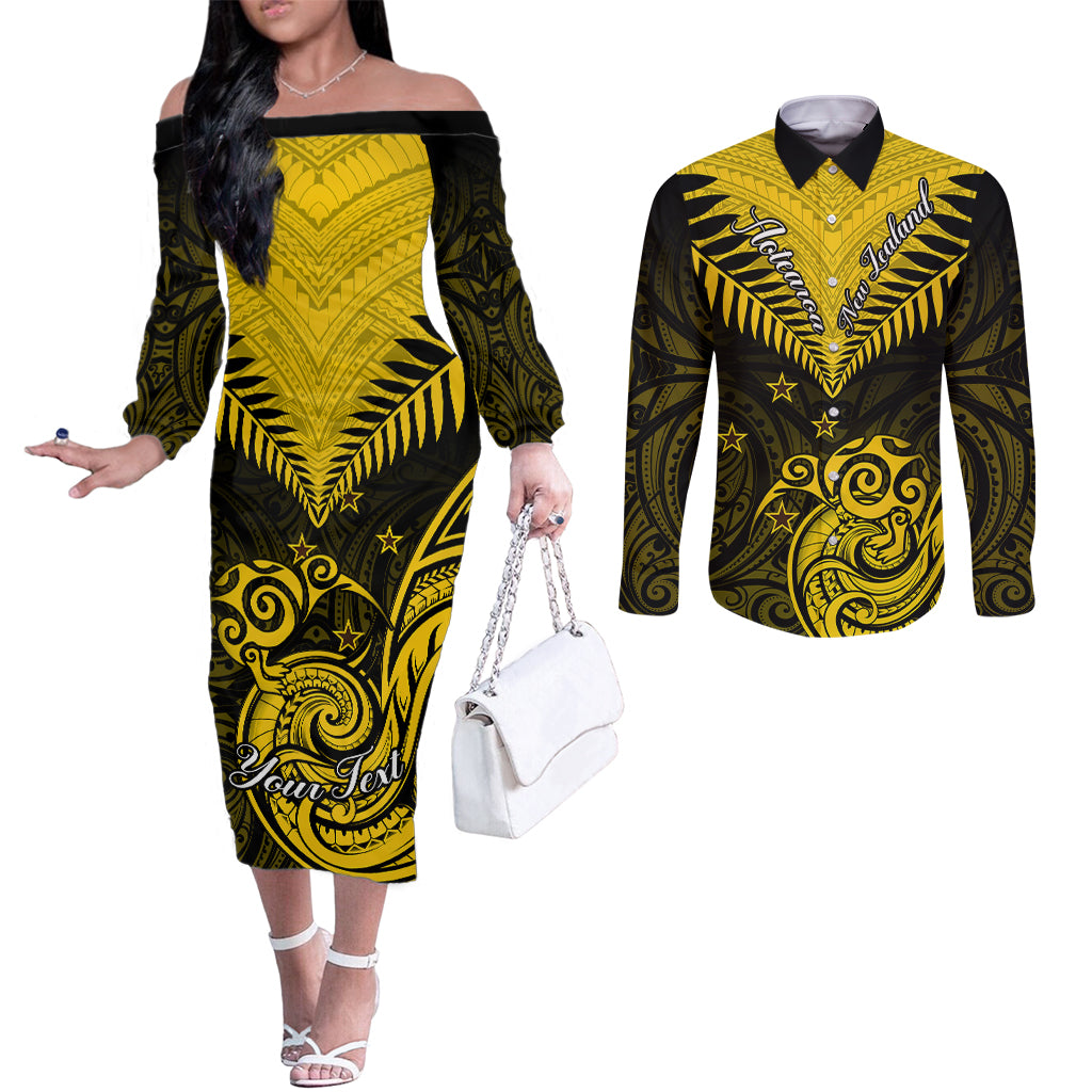 personalised-aotearoa-couples-matching-off-the-shoulder-long-sleeve-dress-and-long-sleeve-button-shirts-maori-kiwi-yellow-fern