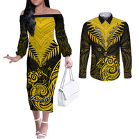 personalised-aotearoa-couples-matching-off-the-shoulder-long-sleeve-dress-and-long-sleeve-button-shirts-maori-kiwi-yellow-fern
