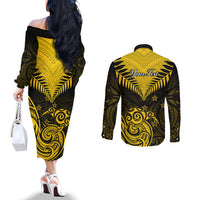 personalised-aotearoa-couples-matching-off-the-shoulder-long-sleeve-dress-and-long-sleeve-button-shirts-maori-kiwi-yellow-fern
