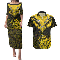 Personalised Aotearoa Couples Matching Puletasi Dress and Hawaiian Shirt Maori Kiwi Yellow Fern - Wonder Print Shop