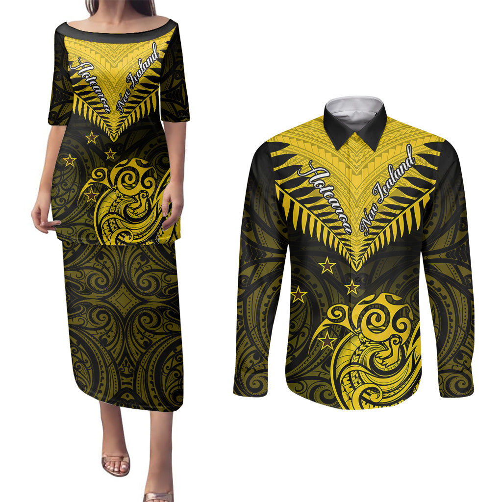 Personalised Aotearoa Couples Matching Puletasi Dress and Long Sleeve Button Shirts Maori Kiwi Yellow Fern - Wonder Print Shop