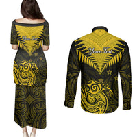 Personalised Aotearoa Couples Matching Puletasi Dress and Long Sleeve Button Shirts Maori Kiwi Yellow Fern - Wonder Print Shop