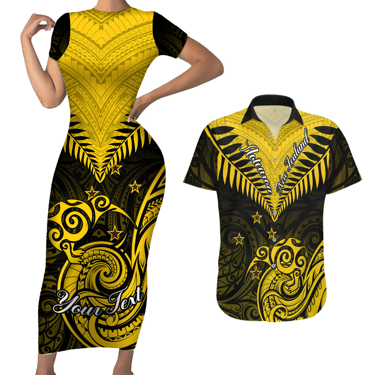 Personalised Aotearoa Couples Matching Short Sleeve Bodycon Dress and Hawaiian Shirt Maori Kiwi Yellow Fern - Wonder Print Shop