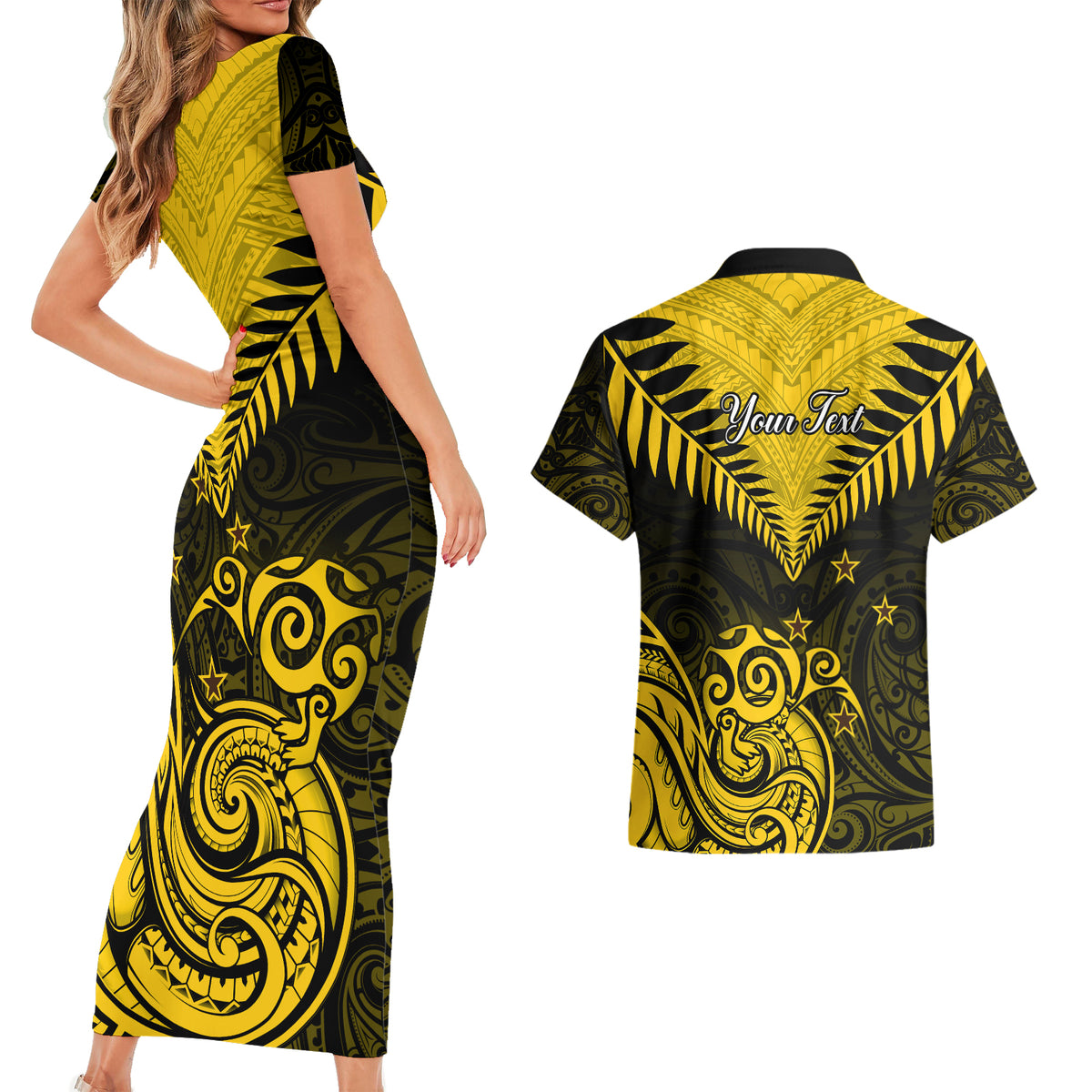 Personalised Aotearoa Couples Matching Short Sleeve Bodycon Dress and Hawaiian Shirt Maori Kiwi Yellow Fern - Wonder Print Shop