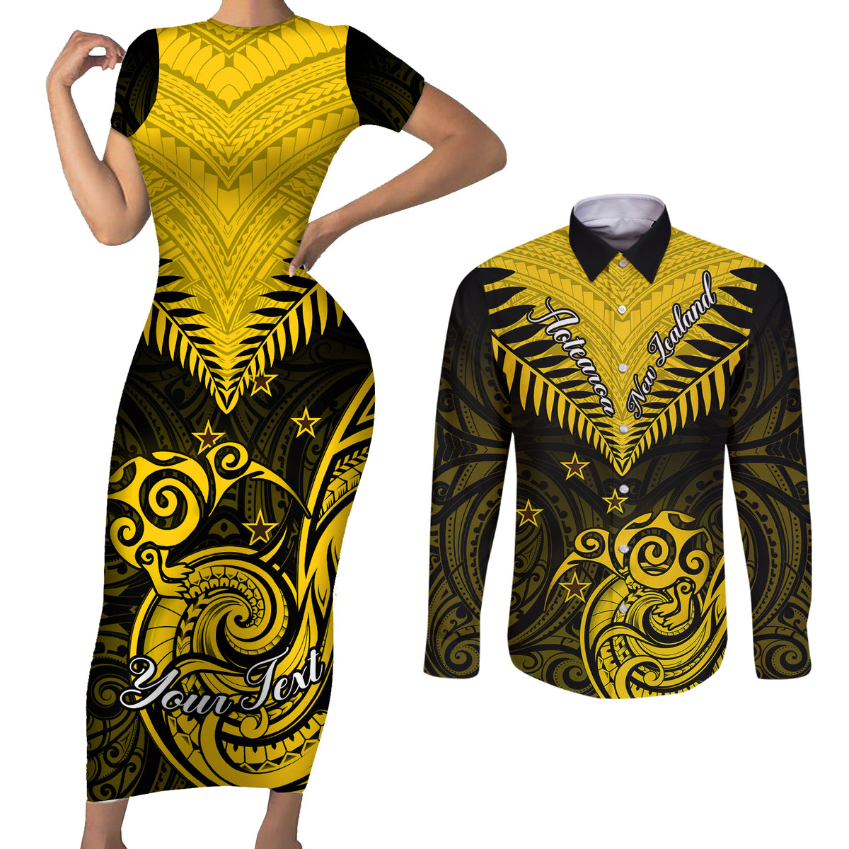 Personalised Aotearoa Couples Matching Short Sleeve Bodycon Dress and Long Sleeve Button Shirts Maori Kiwi Yellow Fern - Wonder Print Shop