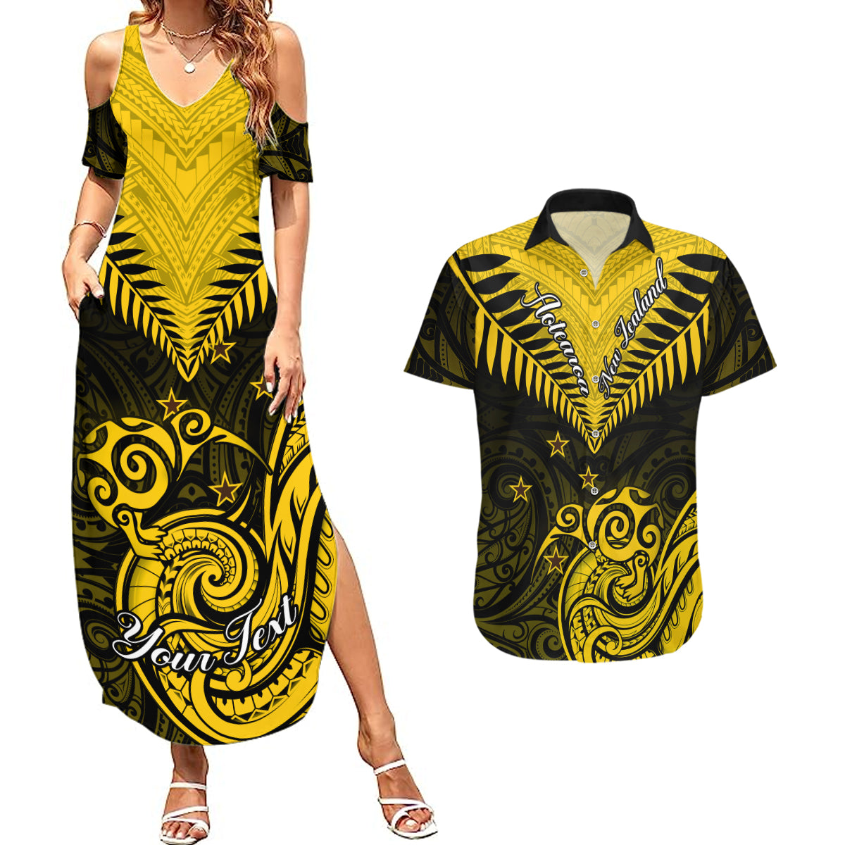 Personalised Aotearoa Couples Matching Summer Maxi Dress and Hawaiian Shirt Maori Kiwi Yellow Fern - Wonder Print Shop