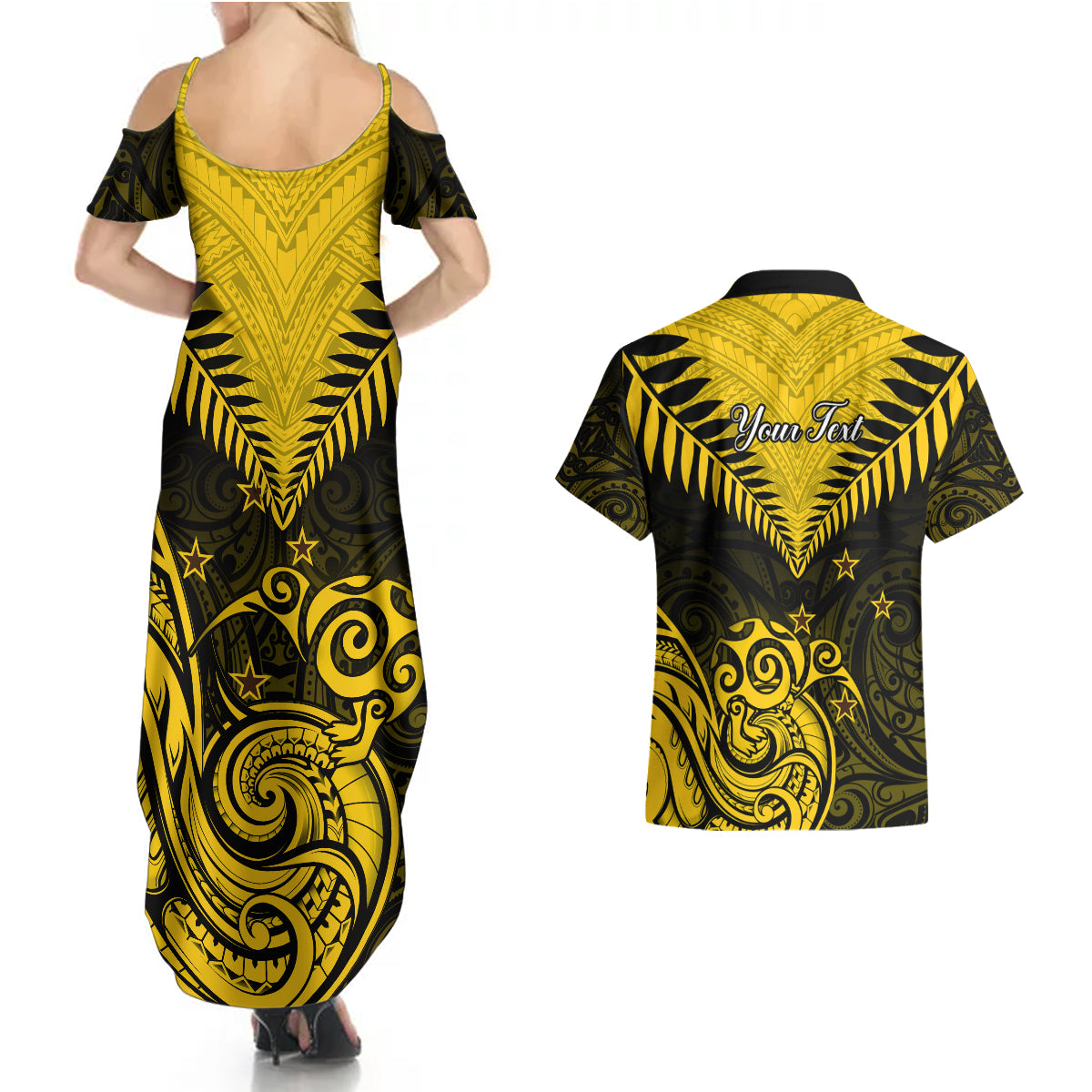 Personalised Aotearoa Couples Matching Summer Maxi Dress and Hawaiian Shirt Maori Kiwi Yellow Fern - Wonder Print Shop