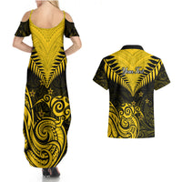 Personalised Aotearoa Couples Matching Summer Maxi Dress and Hawaiian Shirt Maori Kiwi Yellow Fern - Wonder Print Shop