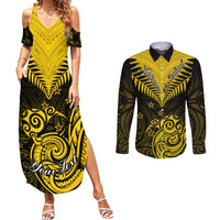 Personalised Aotearoa Couples Matching Summer Maxi Dress and Long Sleeve Button Shirts Maori Kiwi Yellow Fern - Wonder Print Shop