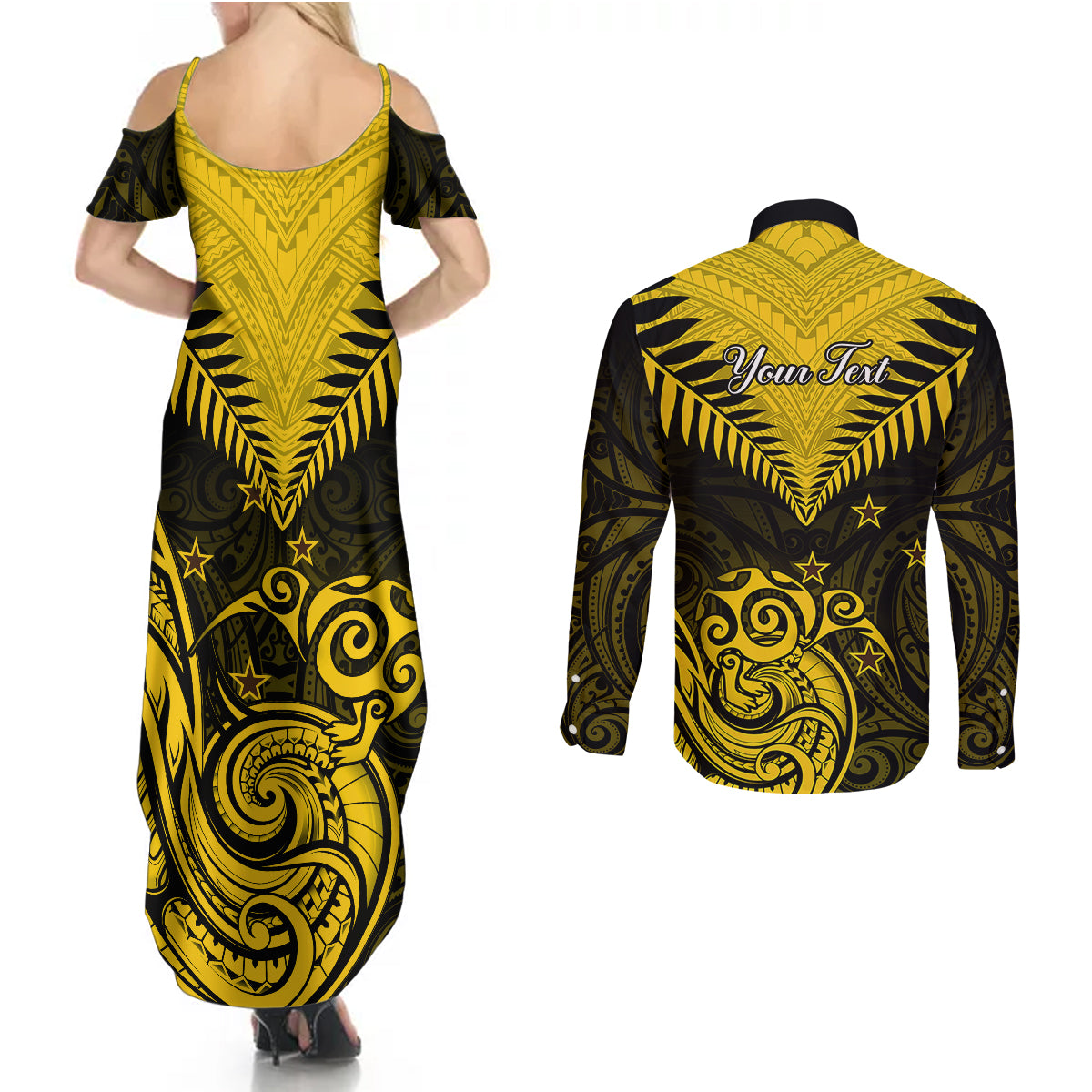Personalised Aotearoa Couples Matching Summer Maxi Dress and Long Sleeve Button Shirts Maori Kiwi Yellow Fern - Wonder Print Shop