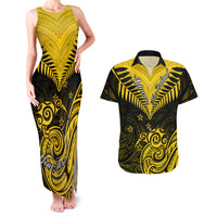 Personalised Aotearoa Couples Matching Tank Maxi Dress And Hawaiian Shirt Maori Kiwi Yellow Fern - Wonder Print Shop