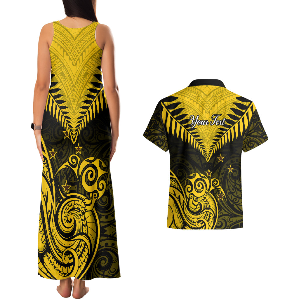 Personalised Aotearoa Couples Matching Tank Maxi Dress And Hawaiian Shirt Maori Kiwi Yellow Fern - Wonder Print Shop