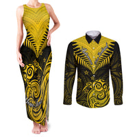 Personalised Aotearoa Couples Matching Tank Maxi Dress and Long Sleeve Button Shirts Maori Kiwi Yellow Fern - Wonder Print Shop