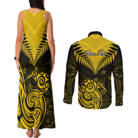 Personalised Aotearoa Couples Matching Tank Maxi Dress and Long Sleeve Button Shirts Maori Kiwi Yellow Fern - Wonder Print Shop