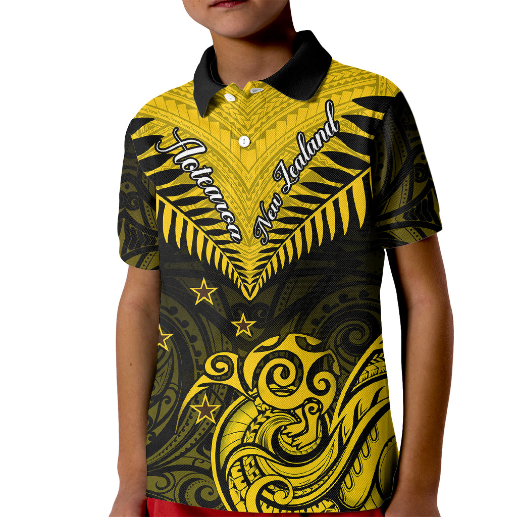 Personalised Aotearoa Kid Polo Shirt Maori Kiwi Yellow Fern - Wonder Print Shop