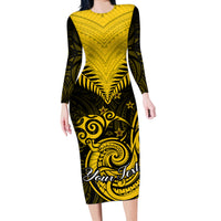 Personalised Aotearoa Long Sleeve Bodycon Dress Maori Kiwi Yellow Fern - Wonder Print Shop
