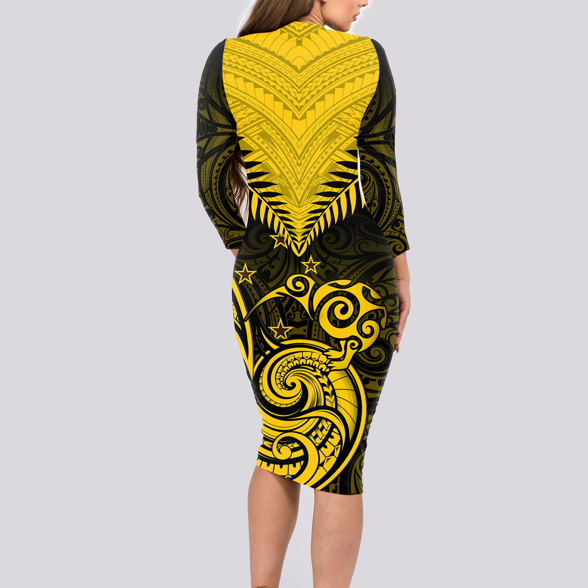 Personalised Aotearoa Long Sleeve Bodycon Dress Maori Kiwi Yellow Fern - Wonder Print Shop