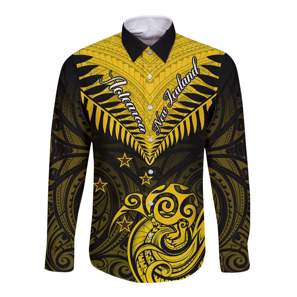 Personalised Aotearoa Long Sleeve Button Shirt Maori Kiwi Yellow Fern - Wonder Print Shop