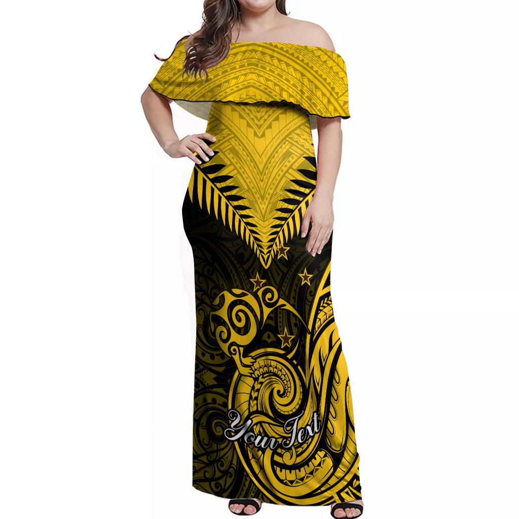 Personalised Aotearoa Off Shoulder Maxi Dress Maori Kiwi Yellow Fern - Wonder Print Shop