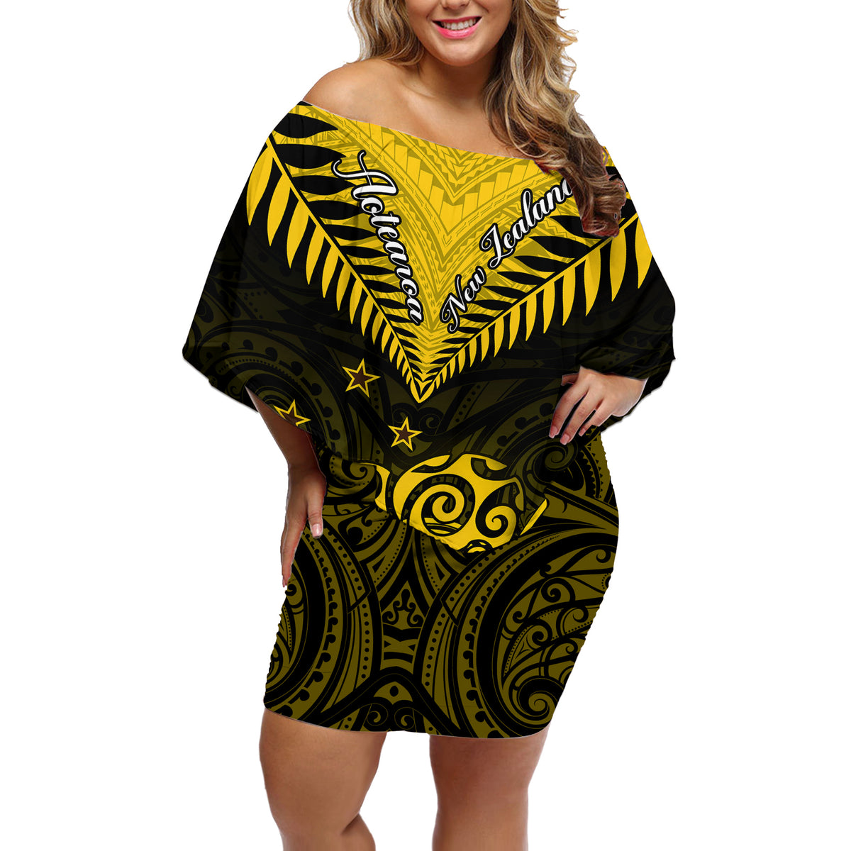 Personalised Aotearoa Off Shoulder Short Dress Maori Kiwi Yellow Fern - Wonder Print Shop