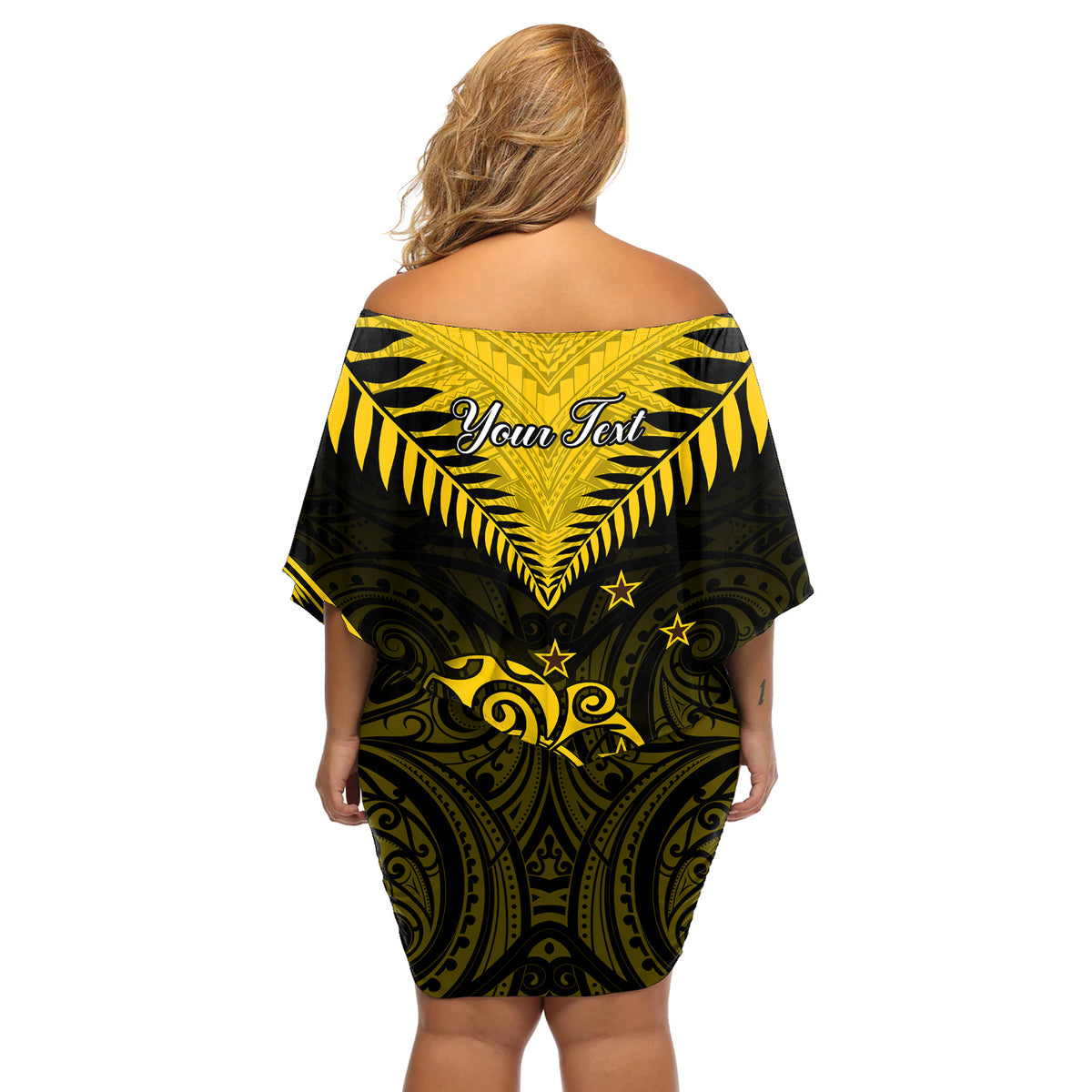 Personalised Aotearoa Off Shoulder Short Dress Maori Kiwi Yellow Fern - Wonder Print Shop