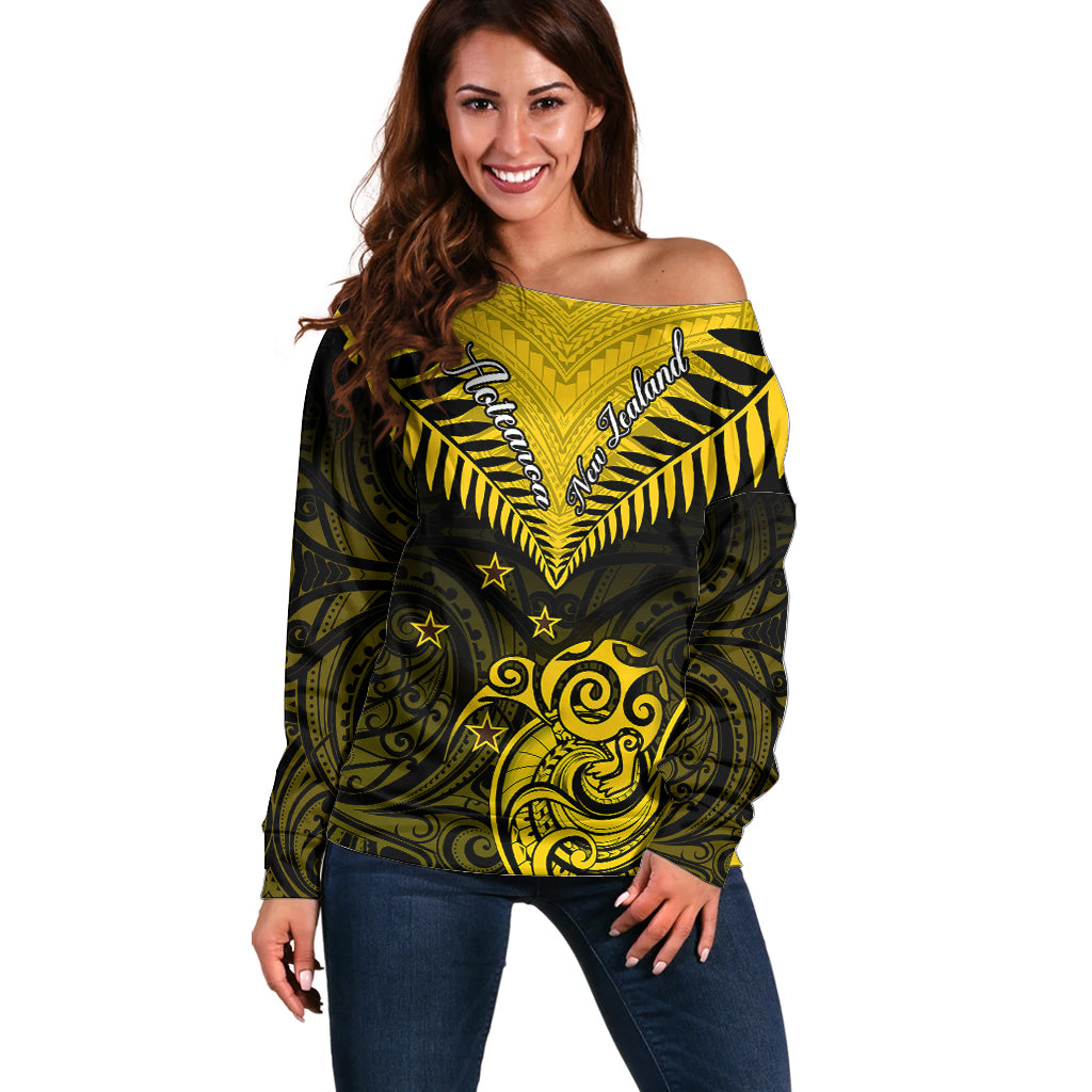 Personalised Aotearoa Off Shoulder Sweater Maori Kiwi Yellow Fern - Wonder Print Shop