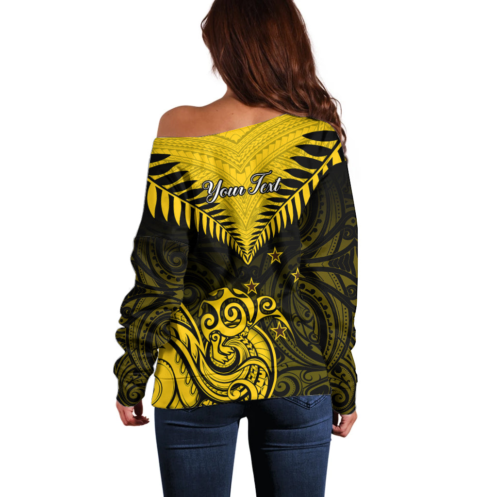 Personalised Aotearoa Off Shoulder Sweater Maori Kiwi Yellow Fern - Wonder Print Shop