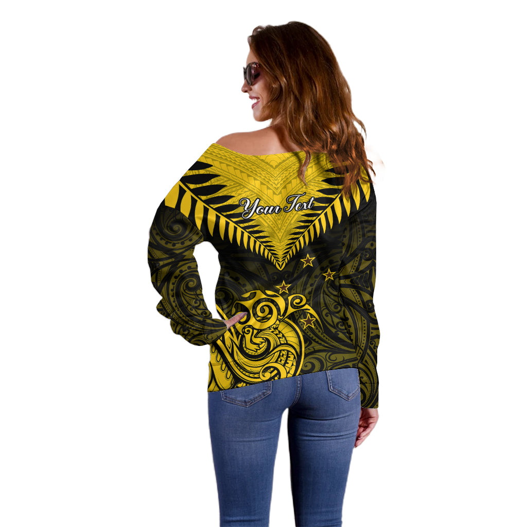 Personalised Aotearoa Off Shoulder Sweater Maori Kiwi Yellow Fern - Wonder Print Shop