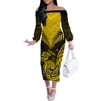 Personalised Aotearoa Off The Shoulder Long Sleeve Dress Maori Kiwi Yellow Fern - Wonder Print Shop