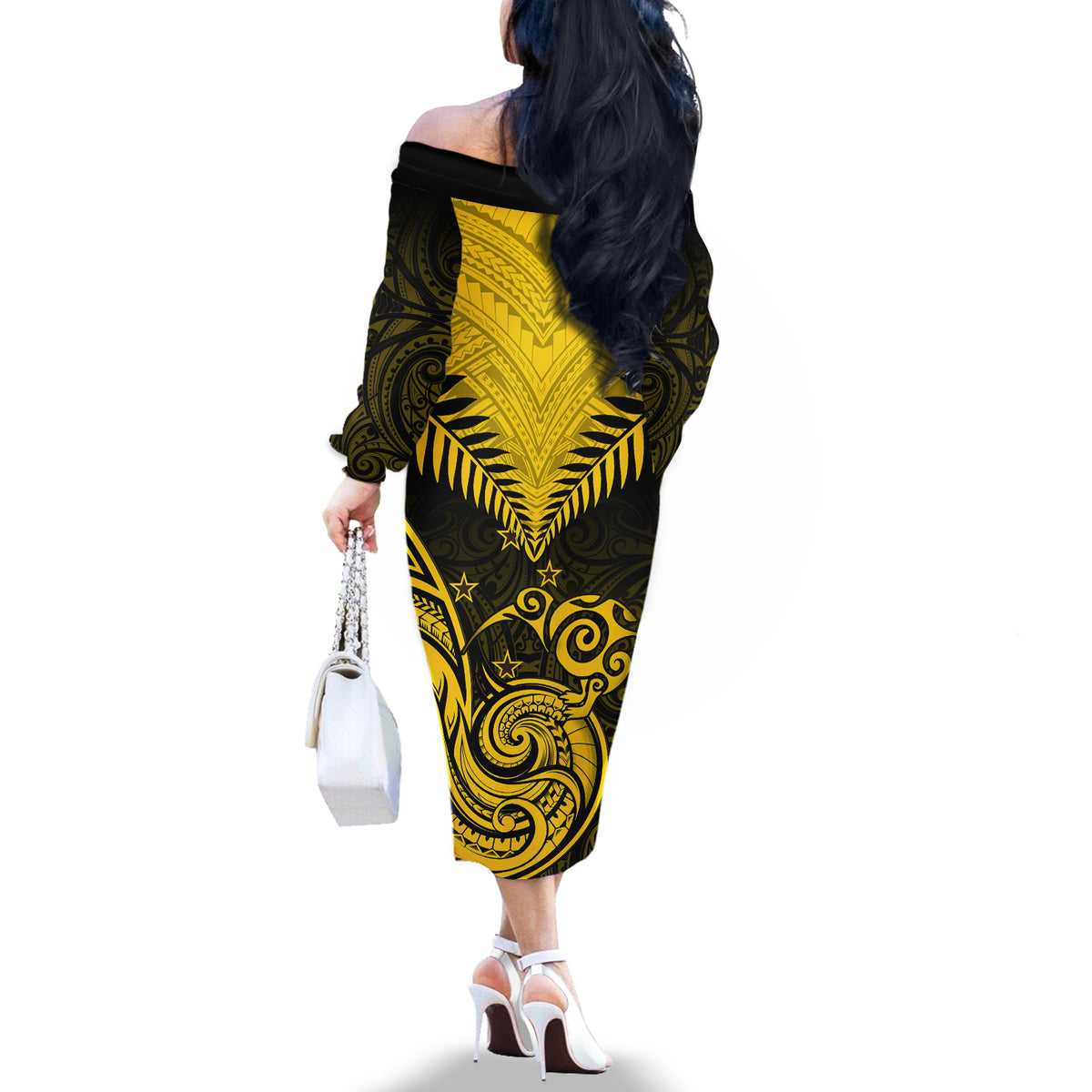 Personalised Aotearoa Off The Shoulder Long Sleeve Dress Maori Kiwi Yellow Fern - Wonder Print Shop