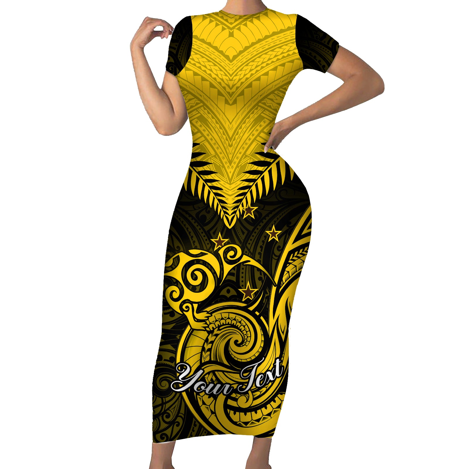 Personalised Aotearoa Short Sleeve Bodycon Dress Maori Kiwi Yellow Fern - Wonder Print Shop