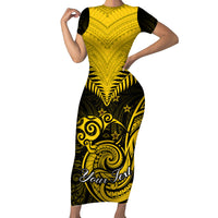 Personalised Aotearoa Short Sleeve Bodycon Dress Maori Kiwi Yellow Fern - Wonder Print Shop
