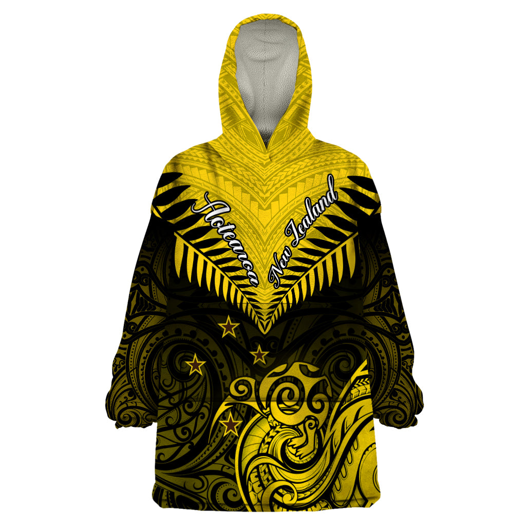Personalised Aotearoa Wearable Blanket Hoodie Maori Kiwi Yellow Fern - Wonder Print Shop