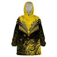 Personalised Aotearoa Wearable Blanket Hoodie Maori Kiwi Yellow Fern - Wonder Print Shop
