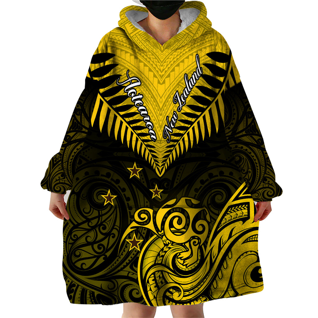 Personalised Aotearoa Wearable Blanket Hoodie Maori Kiwi Yellow Fern - Wonder Print Shop
