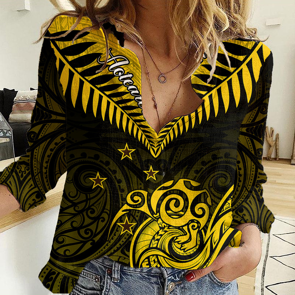 Personalised Aotearoa Women Casual Shirt Maori Kiwi Yellow Fern - Wonder Print Shop