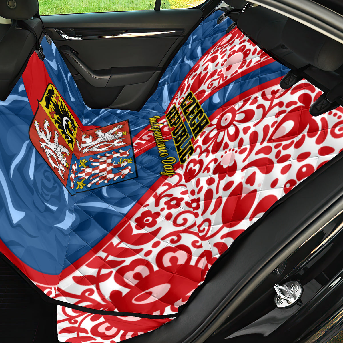 Czech Republic Independence Day Back Car Seat Cover Czechia Coat Of Arms Embroidery Motif - Wonder Print Shop