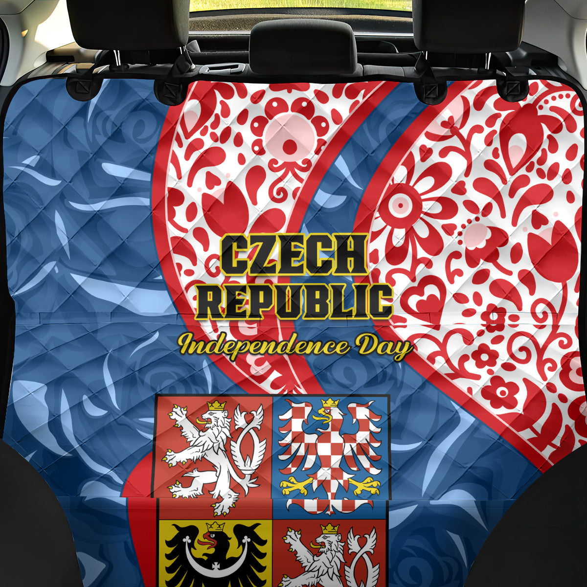 Czech Republic Independence Day Back Car Seat Cover Czechia Coat Of Arms Embroidery Motif - Wonder Print Shop