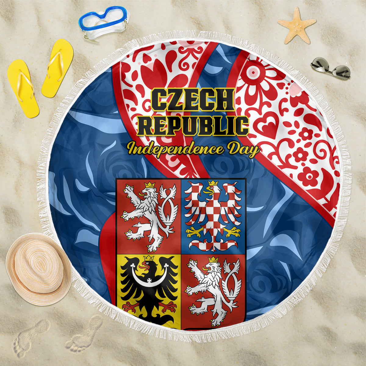 Czech Republic Independence Day Beach Blanket Czechia Coat Of Arms Embroidery Motif - Wonder Print Shop