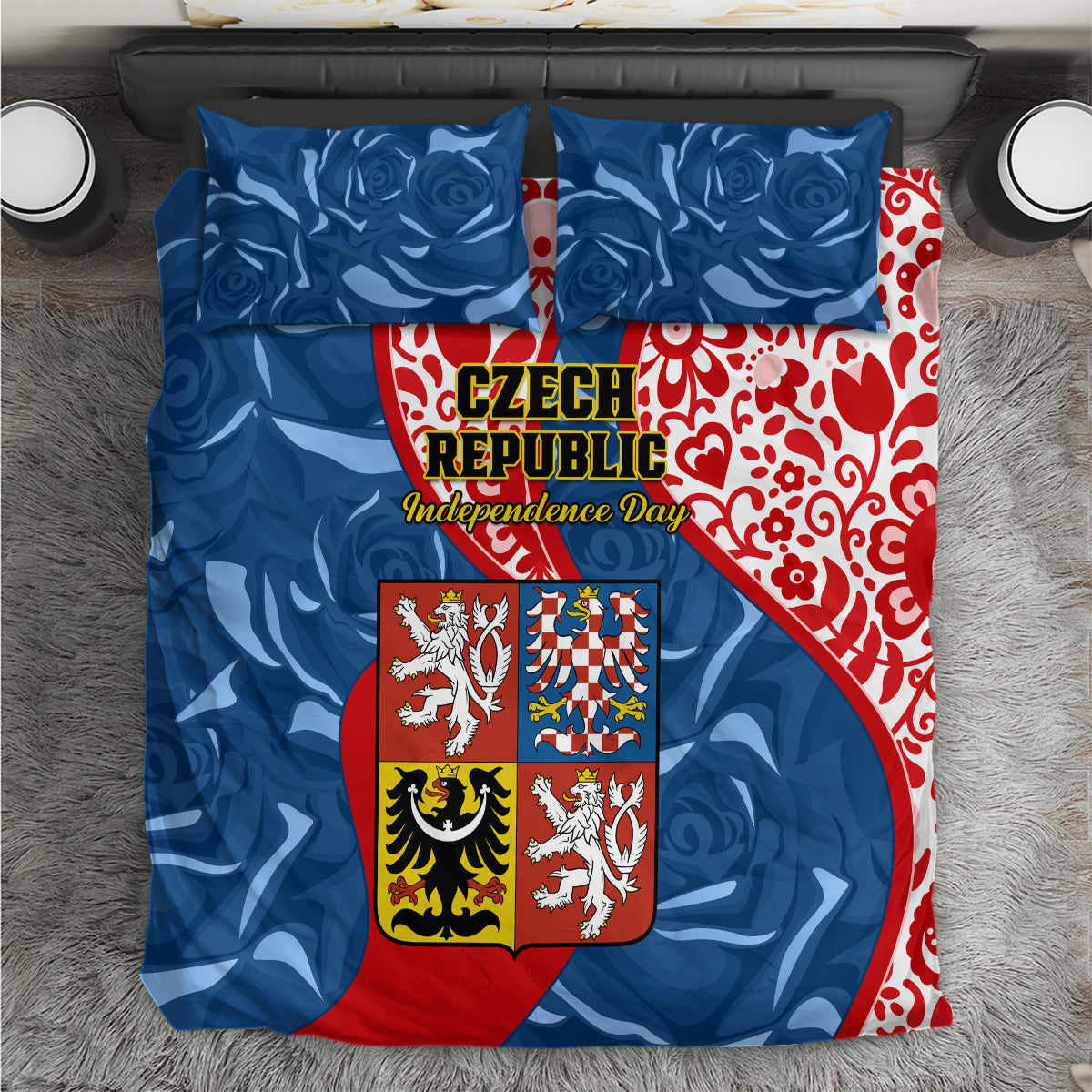 Czech Republic Independence Day Bedding Set Czechia Coat Of Arms Embroidery Motif - Wonder Print Shop