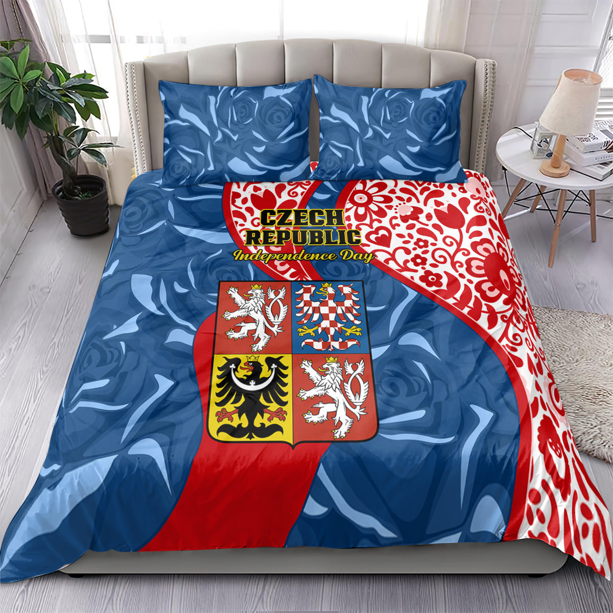 Czech Republic Independence Day Bedding Set Czechia Coat Of Arms Embroidery Motif - Wonder Print Shop