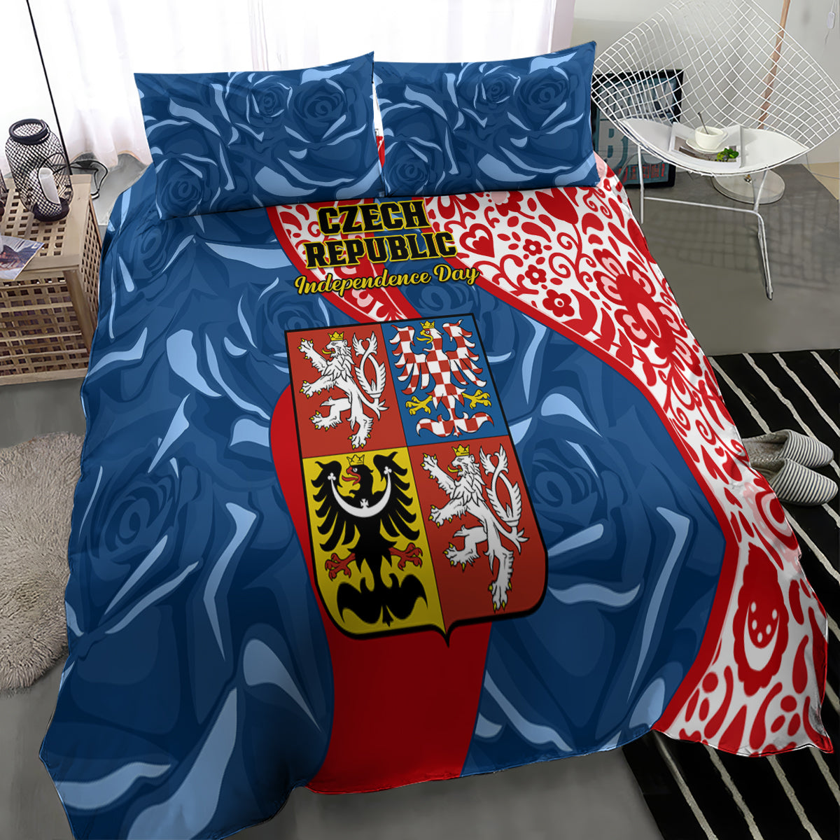 Czech Republic Independence Day Bedding Set Czechia Coat Of Arms Embroidery Motif - Wonder Print Shop
