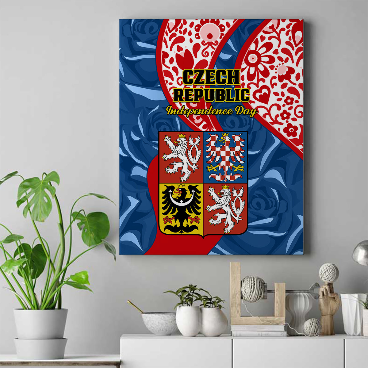 Czech Republic Independence Day Canvas Wall Art Czechia Coat Of Arms Embroidery Motif - Wonder Print Shop
