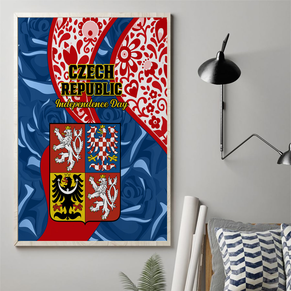 Czech Republic Independence Day Canvas Wall Art Czechia Coat Of Arms Embroidery Motif - Wonder Print Shop