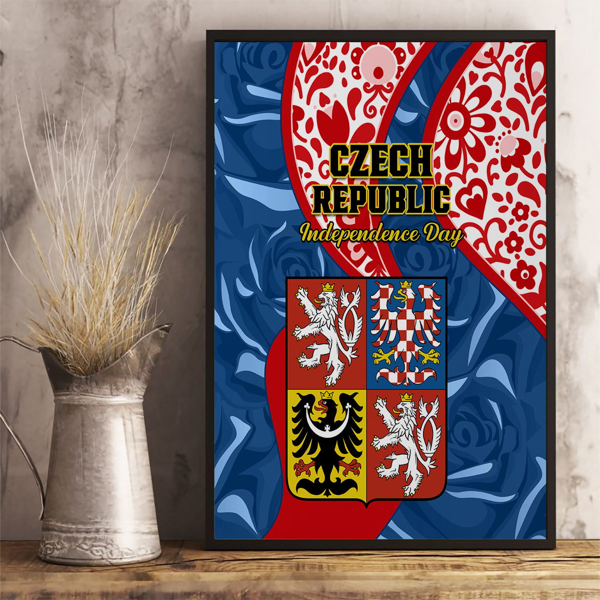 Czech Republic Independence Day Canvas Wall Art Czechia Coat Of Arms Embroidery Motif - Wonder Print Shop