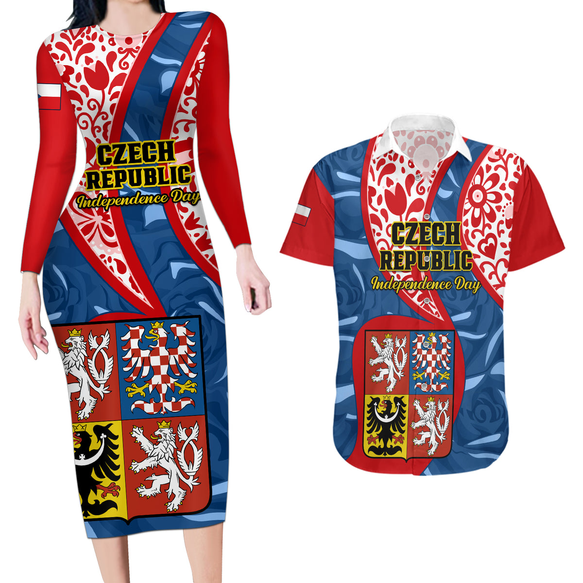 Czech Republic Independence Day Couples Matching Long Sleeve Bodycon Dress and Hawaiian Shirt Czechia Coat Of Arms Embroidery Motif - Wonder Print Shop