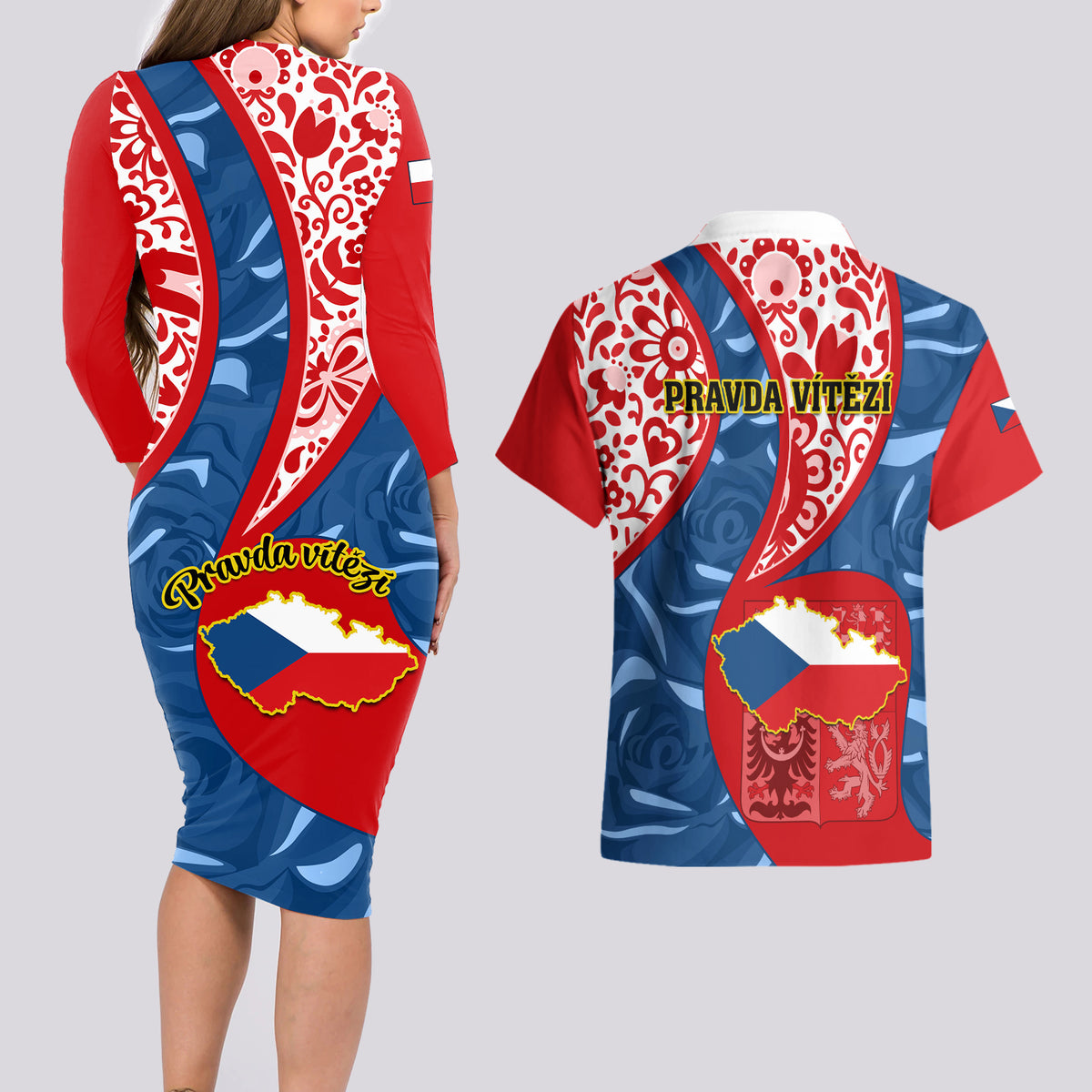 Czech Republic Independence Day Couples Matching Long Sleeve Bodycon Dress and Hawaiian Shirt Czechia Coat Of Arms Embroidery Motif - Wonder Print Shop